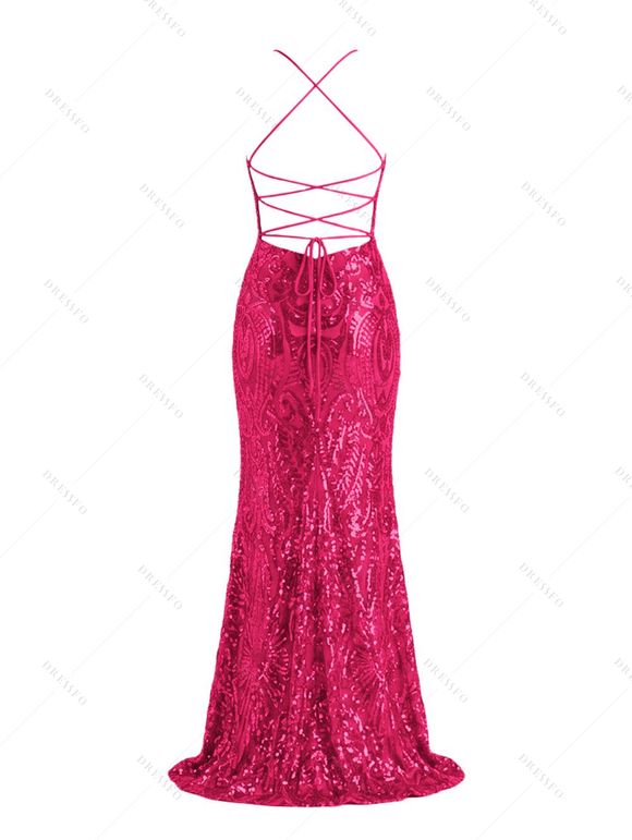 Party Dress Sequined Lace Up Back High Slit Bodycon Elegant Dress - Rouge Rose XXL | US 14