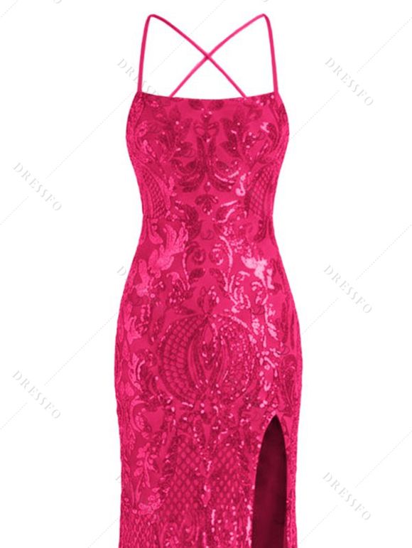 Party Dress Sequined Lace Up Back High Slit Bodycon Elegant Dress - Rouge Rose XXL | US 14