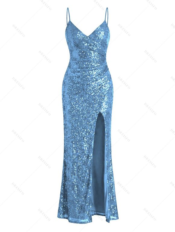 Party Dress Sequined Solid Color Slit Spaghetti Strap Prom Dress - Bleu Ciel M | US 6
