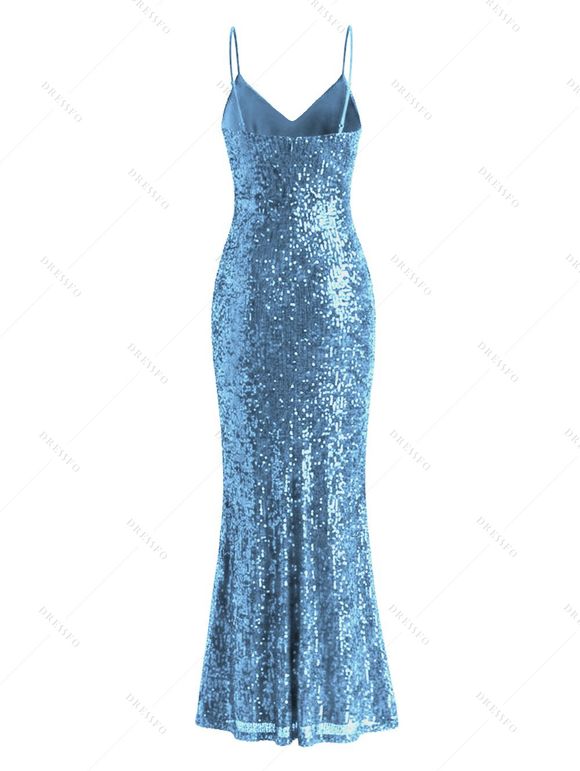 Party Dress Sequined Solid Color Slit Spaghetti Strap Prom Dress - Bleu Ciel M | US 6