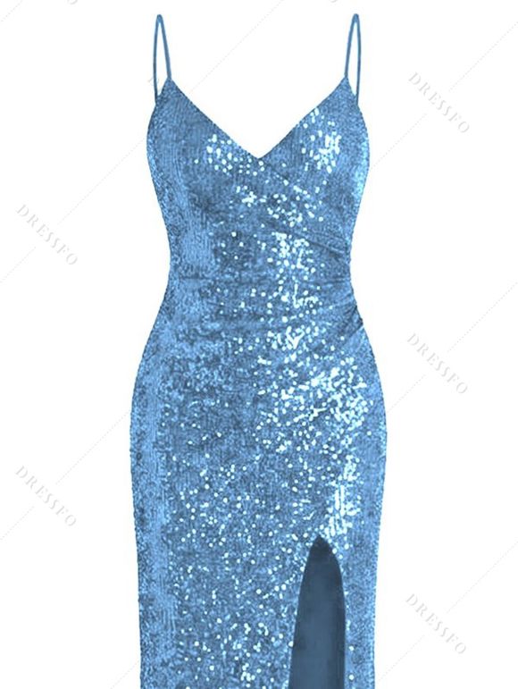 Party Dress Sequined Solid Color Slit Spaghetti Strap Prom Dress - Bleu Ciel M | US 6
