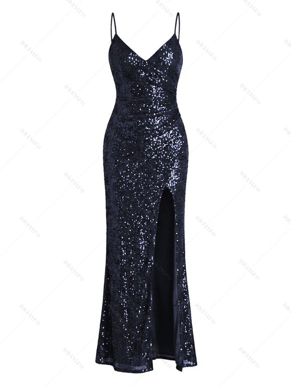 Party Dress Sequined Solid Color Slit Spaghetti Strap Prom Dress - Bleu de Minuit XXL | US 14