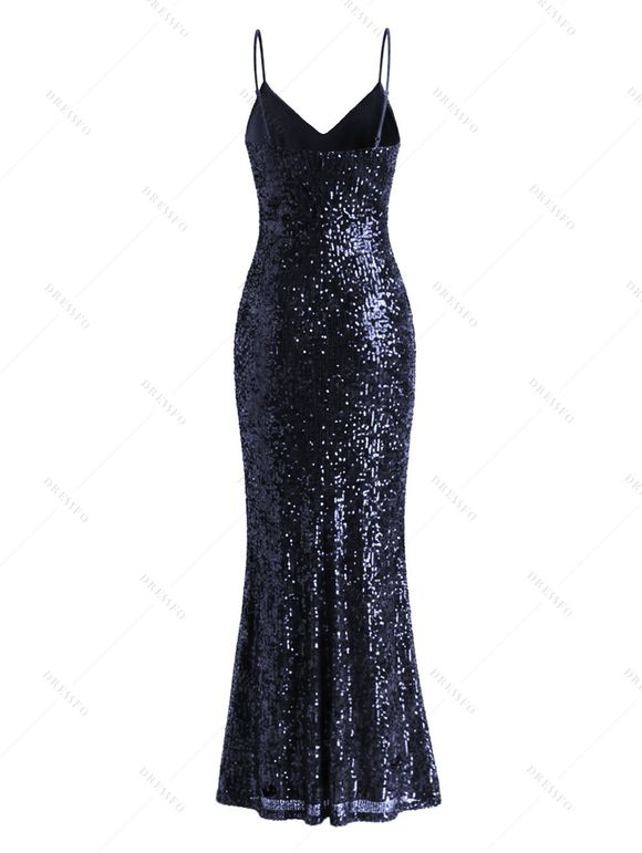 Party Dress Sequined Solid Color Slit Spaghetti Strap Prom Dress - Bleu de Minuit XXL | US 14