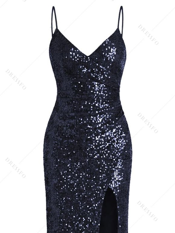 Party Dress Sequined Solid Color Slit Spaghetti Strap Prom Dress - Bleu de Minuit XXL | US 14