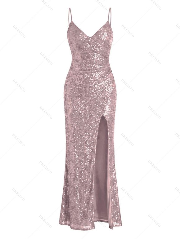 Party Dress Sequined Solid Color Slit Spaghetti Strap Prom Dress - Rose XXL | US 14