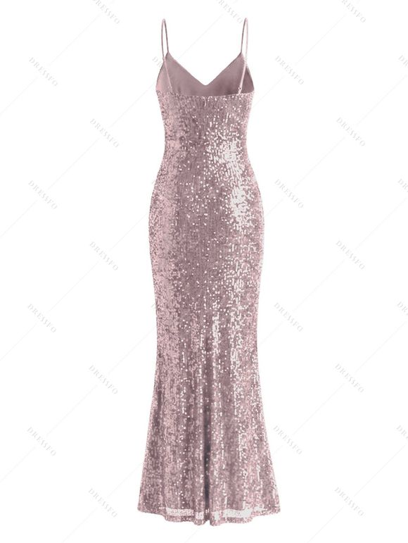 Party Dress Sequined Solid Color Slit Spaghetti Strap Prom Dress - Rose XXL | US 14