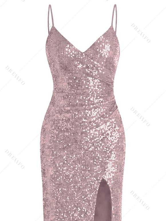Party Dress Sequined Solid Color Slit Spaghetti Strap Prom Dress - Rose XXL | US 14
