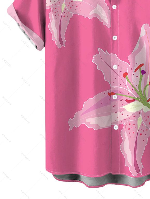 Men's Vacation Shirt Lily Floral Print Button Up Shirt - Rose Vif 5XL