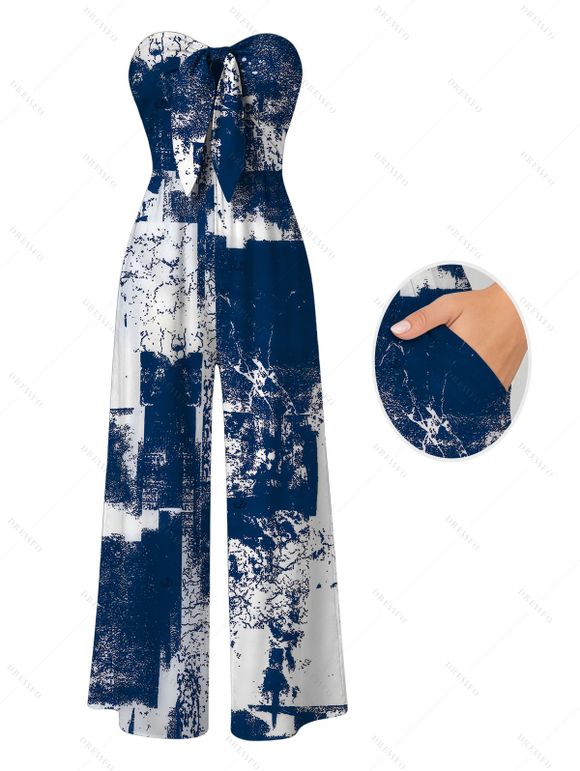 Casual Jumpsuit Vintage Grunge Ink Wash Abstract Print Tied Pocket Off the Shoulder Wide Leg Jumpsuit - Bleu profond XXL | US 14