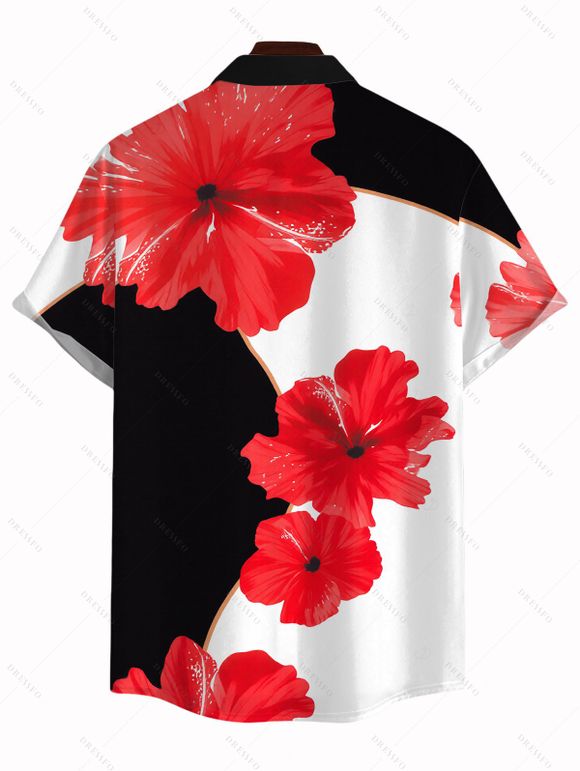 Men's Vacation Shirt Contrast Color Hibiscus Floral Print Button Up Shirt - Noir 5XL