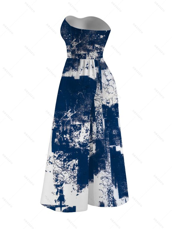Casual Jumpsuit Vintage Grunge Ink Wash Abstract Print Tied Pocket Off the Shoulder Wide Leg Jumpsuit - Bleu profond XXL | US 14