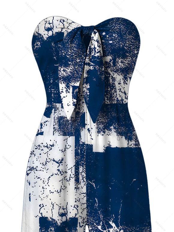Casual Jumpsuit Vintage Grunge Ink Wash Abstract Print Tied Pocket Off the Shoulder Wide Leg Jumpsuit - Bleu profond XXL | US 14