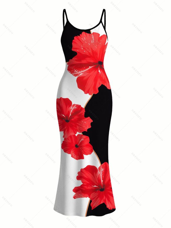 Vacation Dress Contrast Color Hibiscus Floral Print Spaghetti Strap Maxi Bodycon Dress - Noir XXL | US 14