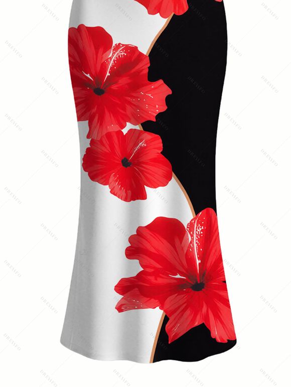 Vacation Dress Contrast Color Hibiscus Floral Print Spaghetti Strap Maxi Bodycon Dress - Noir XXL | US 14