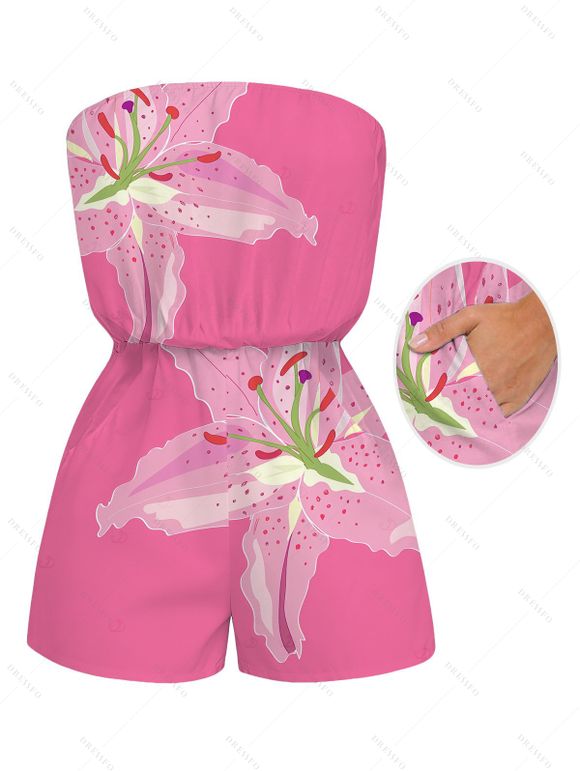 Vacation Romper Lily Floral Print Pocket Off the Shoulder Romper - Rose Vif XXL | US 14