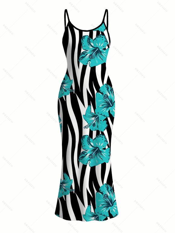 Hawaiian Vacation Dress Tropical Hibiscus Floral Zebra Print Spaghetti Strap Maxi Bodycon Dress - Turquoise S | US 4