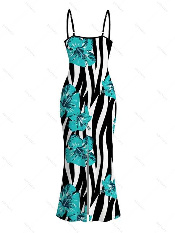 Hawaiian Vacation Dress Tropical Hibiscus Floral Zebra Print Spaghetti Strap Maxi Bodycon Dress - Turquoise S | US 4