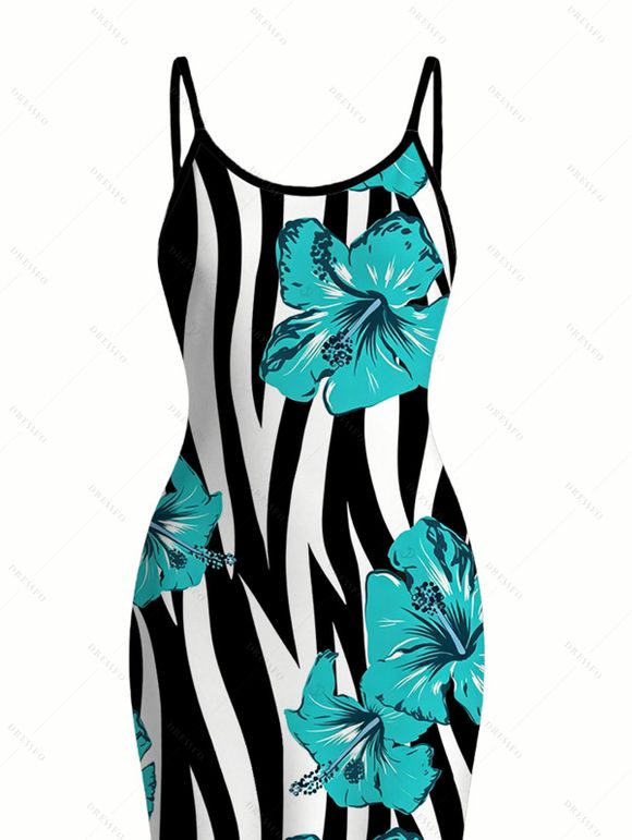 Hawaiian Vacation Dress Tropical Hibiscus Floral Zebra Print Spaghetti Strap Maxi Bodycon Dress - Turquoise S | US 4