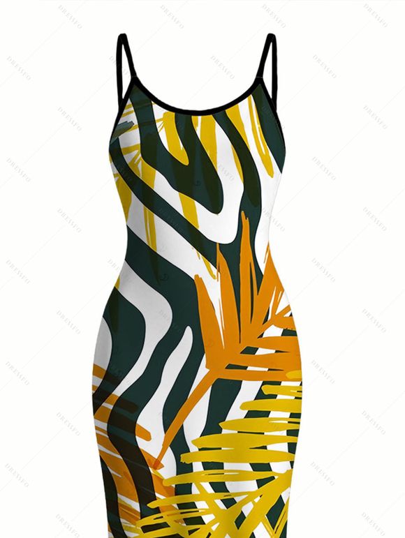 Hawaiian Vacation Dress Tropical Palm Leaf Zebra Print Spaghetti Strap Maxi Bodycon Dress - Brun Doré XXL | US 14