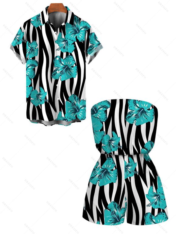 Hawaiian Vacation Couple Outfit Tropical Hibiscus Floral Zebra Print Pocket Off the Shoulder Romper and Shirt Set - Turquoise S | US 4