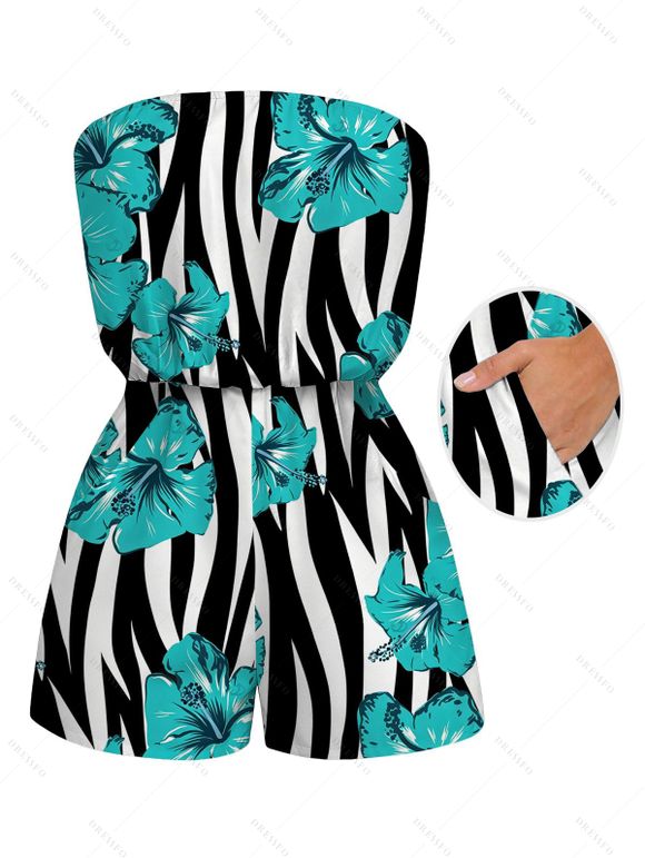Hawaiian Vacation Couple Outfit Tropical Hibiscus Floral Zebra Print Pocket Off the Shoulder Romper and Shirt Set - Turquoise S | US 4