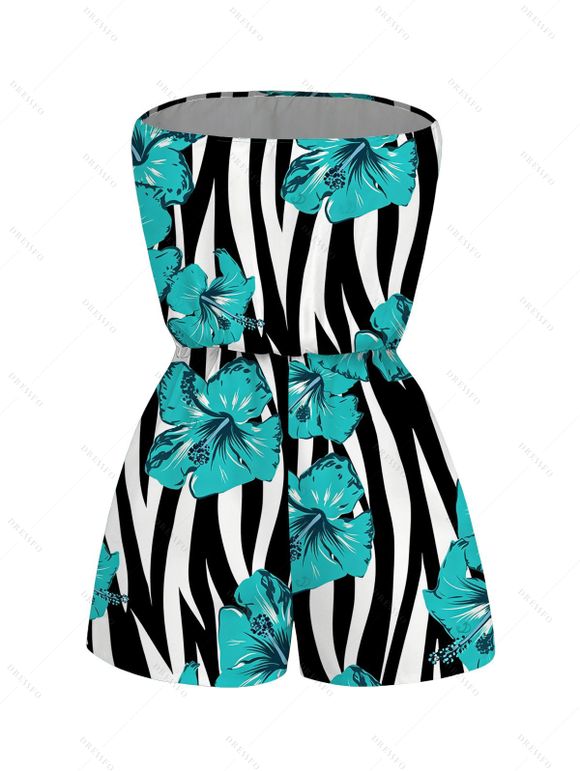Hawaiian Vacation Couple Outfit Tropical Hibiscus Floral Zebra Print Pocket Off the Shoulder Romper and Shirt Set - Turquoise S | US 4