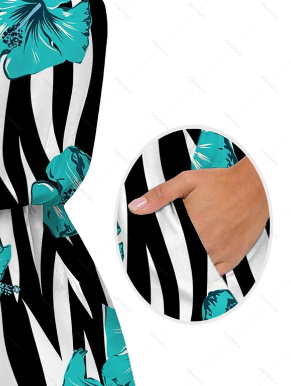 Hawaiian Vacation Couple Outfit Tropical Hibiscus Floral Zebra Print Pocket Off the Shoulder Romper and Shirt Set - Turquoise S | US 4