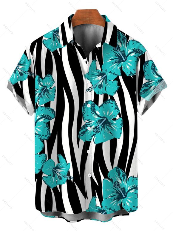 Hawaiian Vacation Couple Outfit Tropical Hibiscus Floral Zebra Print Pocket Off the Shoulder Romper and Shirt Set - Turquoise S | US 4
