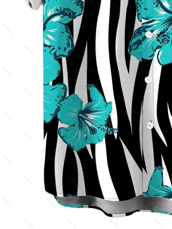 Hawaiian Vacation Couple Outfit Tropical Hibiscus Floral Zebra Print Pocket Off the Shoulder Romper and Shirt Set - Turquoise S | US 4