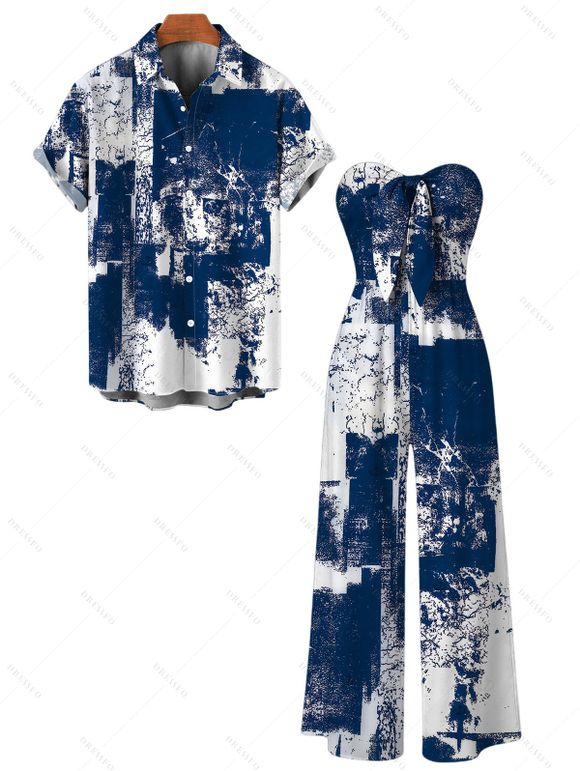 Vacation Couple Outfit Vintage Grunge Ink Wash Abstract Print Tied Pocket Off the Shoulder Wide Leg Jumpsuit and Shirt Set - Bleu profond S | US 4