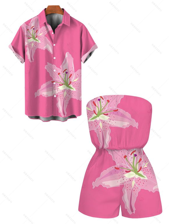 Vacation Couple Outfit Lily Floral Print Pocket Off the Shoulder Romper and Shirt Set - Rose Vif S | US 4