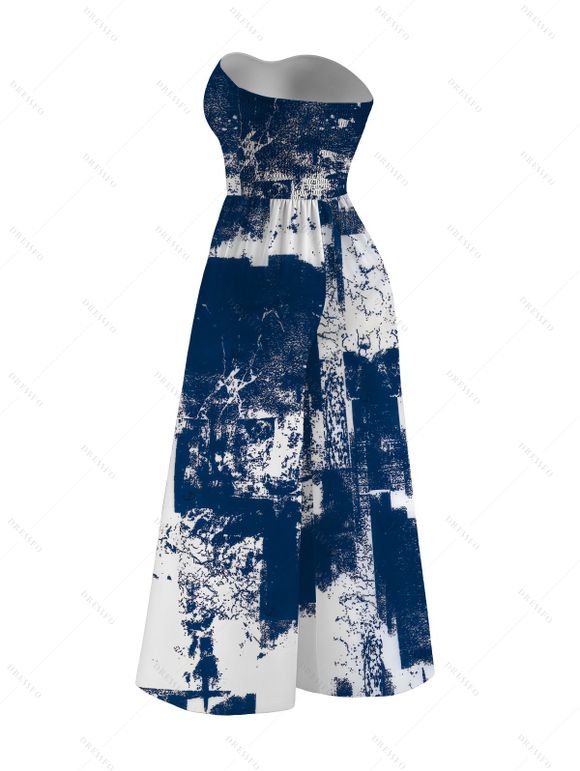 Vacation Couple Outfit Vintage Grunge Ink Wash Abstract Print Tied Pocket Off the Shoulder Wide Leg Jumpsuit and Shirt Set - Bleu profond S | US 4