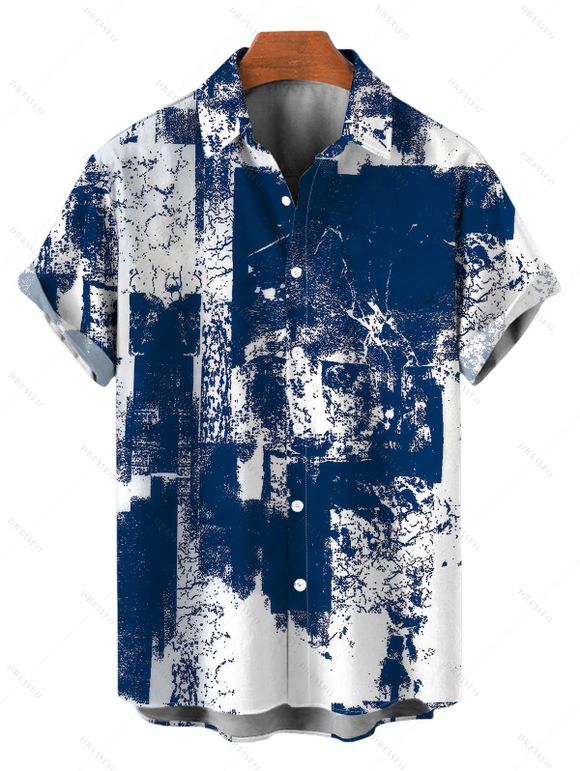 Vacation Couple Outfit Vintage Grunge Ink Wash Abstract Print Tied Pocket Off the Shoulder Wide Leg Jumpsuit and Shirt Set - Bleu profond S | US 4