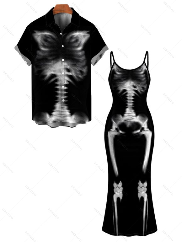 Gothic Couple Outfit Skeleton Print Spaghetti Strap Bodycon Maxi Dress and Shirt Set - Noir S | US 4