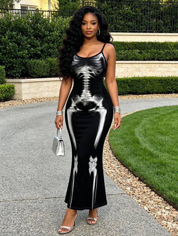 Gothic Couple Outfit Skeleton Print Spaghetti Strap Bodycon Maxi Dress and Shirt Set - Noir S | US 4