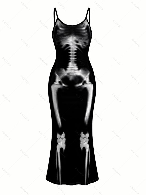 Gothic Couple Outfit Skeleton Print Spaghetti Strap Bodycon Maxi Dress and Shirt Set - Noir S | US 4