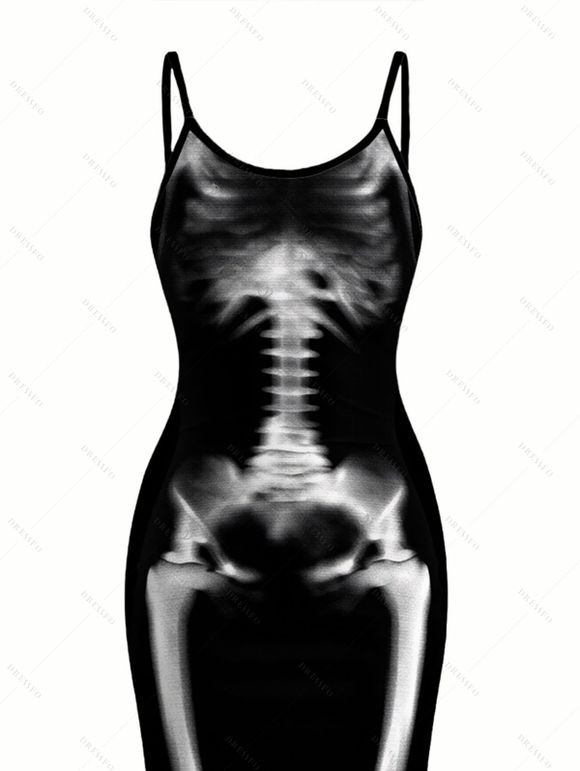 Gothic Couple Outfit Skeleton Print Spaghetti Strap Bodycon Maxi Dress and Shirt Set - Noir S | US 4