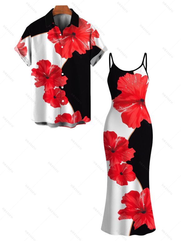Vacation Couple Outfit Contrast Color Hibiscus Floral Print Spaghetti Strap Maxi Bodycon Dress and Shirt Set - Noir S | US 4