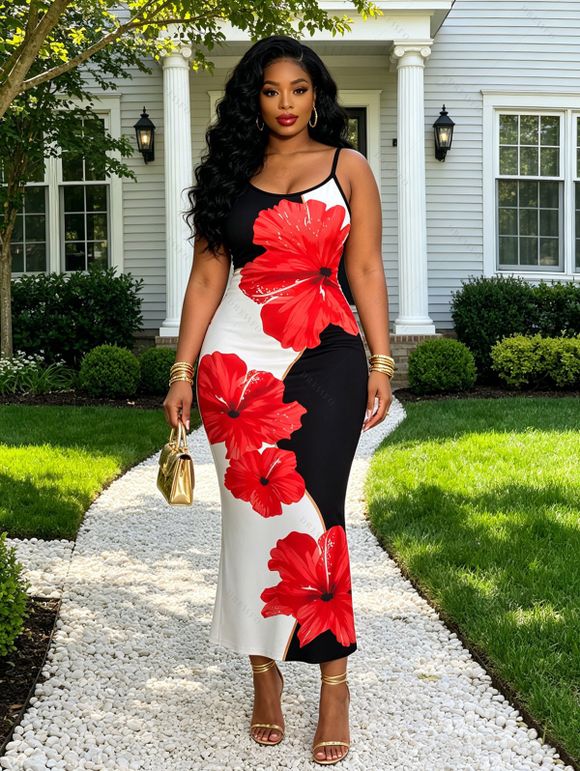 Vacation Couple Outfit Contrast Color Hibiscus Floral Print Spaghetti Strap Maxi Bodycon Dress and Shirt Set - Noir S | US 4