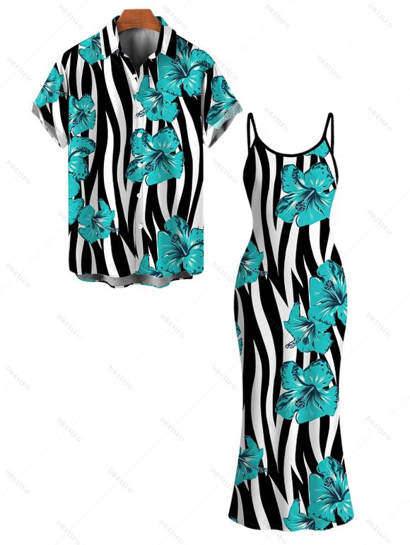 Hawaiian Vacation Couple Outfit Tropical Hibiscus Floral Zebra Print Spaghetti Strap Maxi Bodycon Dress and Shirt Set - Turquoise S | US 4