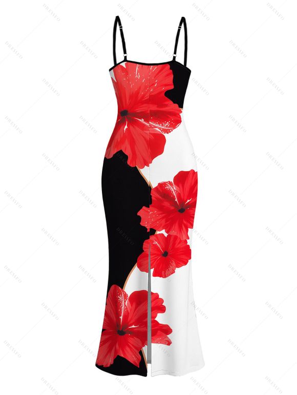 Vacation Couple Outfit Contrast Color Hibiscus Floral Print Spaghetti Strap Maxi Bodycon Dress and Shirt Set - Noir S | US 4