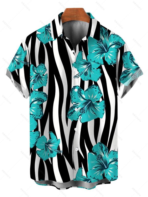 Hawaiian Vacation Couple Outfit Tropical Hibiscus Floral Zebra Print Spaghetti Strap Maxi Bodycon Dress and Shirt Set - Turquoise S | US 4