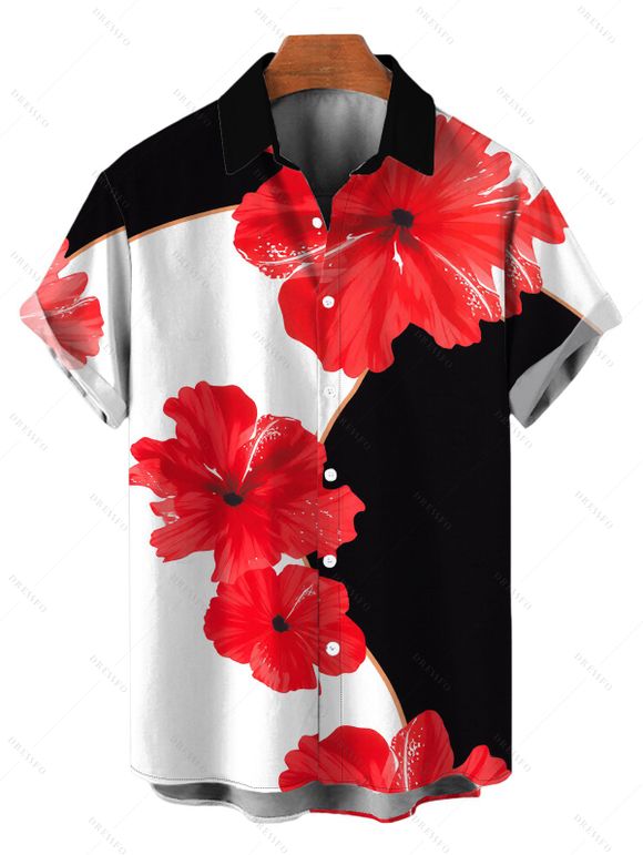 Vacation Couple Outfit Contrast Color Hibiscus Floral Print Spaghetti Strap Maxi Bodycon Dress and Shirt Set - Noir S | US 4