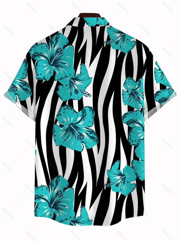 Hawaiian Vacation Couple Outfit Tropical Hibiscus Floral Zebra Print Spaghetti Strap Maxi Bodycon Dress and Shirt Set - Turquoise S | US 4