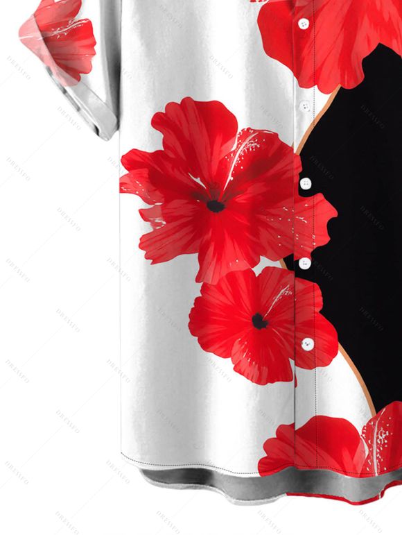 Vacation Couple Outfit Contrast Color Hibiscus Floral Print Spaghetti Strap Maxi Bodycon Dress and Shirt Set - Noir S | US 4
