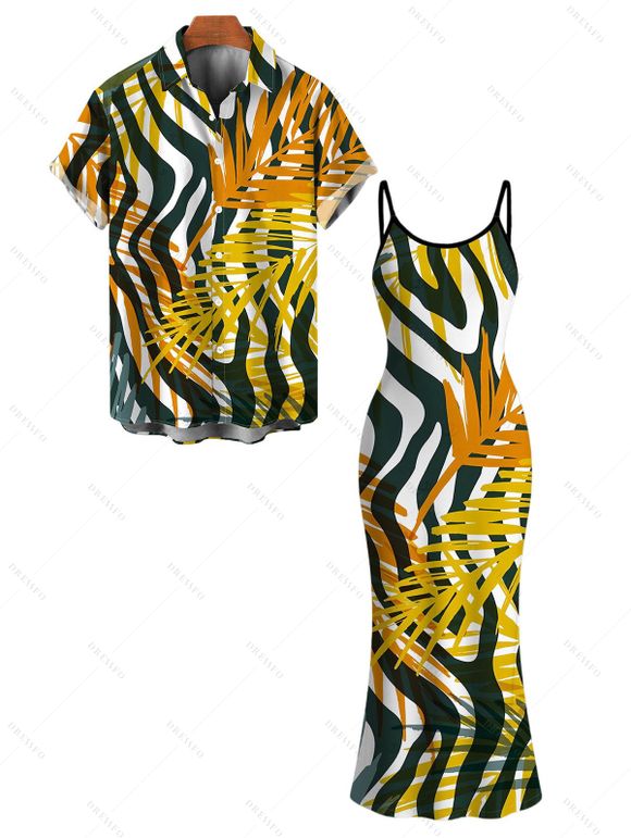 Hawaiian Vacation Couple Outfit Tropical Palm Leaf Zebra Print Spaghetti Strap Maxi Bodycon Dress and Shirt Set - Brun Doré S | US 4