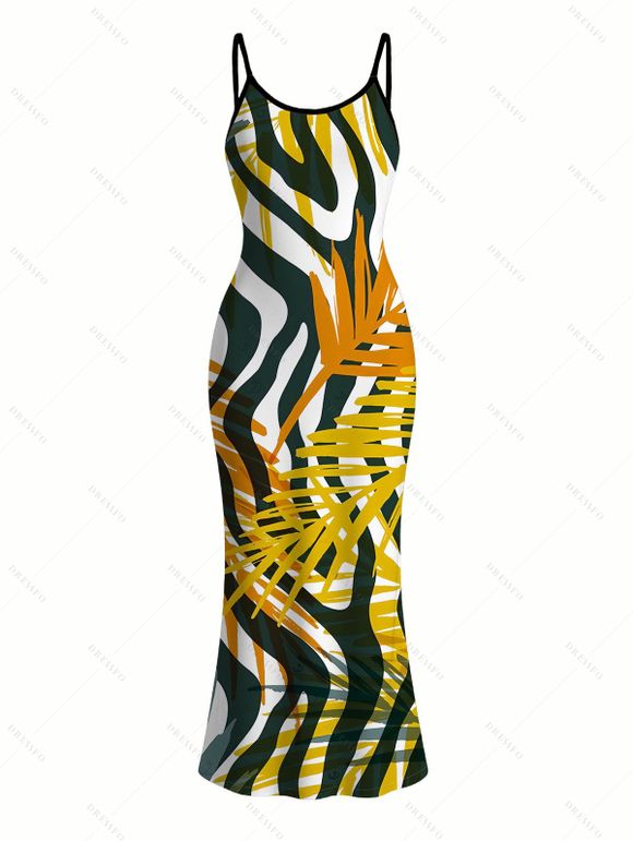 Hawaiian Vacation Couple Outfit Tropical Palm Leaf Zebra Print Spaghetti Strap Maxi Bodycon Dress and Shirt Set - Brun Doré S | US 4
