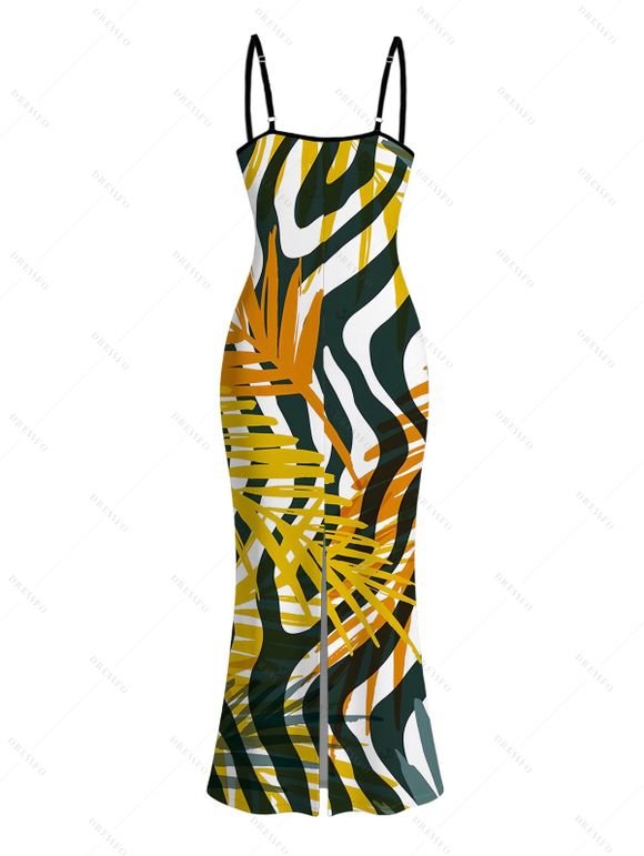 Hawaiian Vacation Couple Outfit Tropical Palm Leaf Zebra Print Spaghetti Strap Maxi Bodycon Dress and Shirt Set - Brun Doré S | US 4
