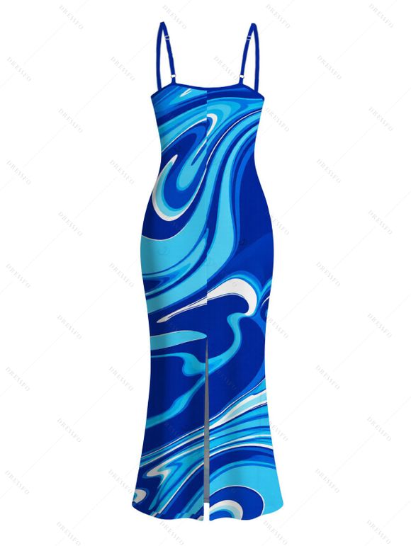 Vacation Dress Gradient Marbled Liquid Swirl Texture Pattern Spaghetti Strap Maxi Bodycon Dress - Bleu XXL | US 14
