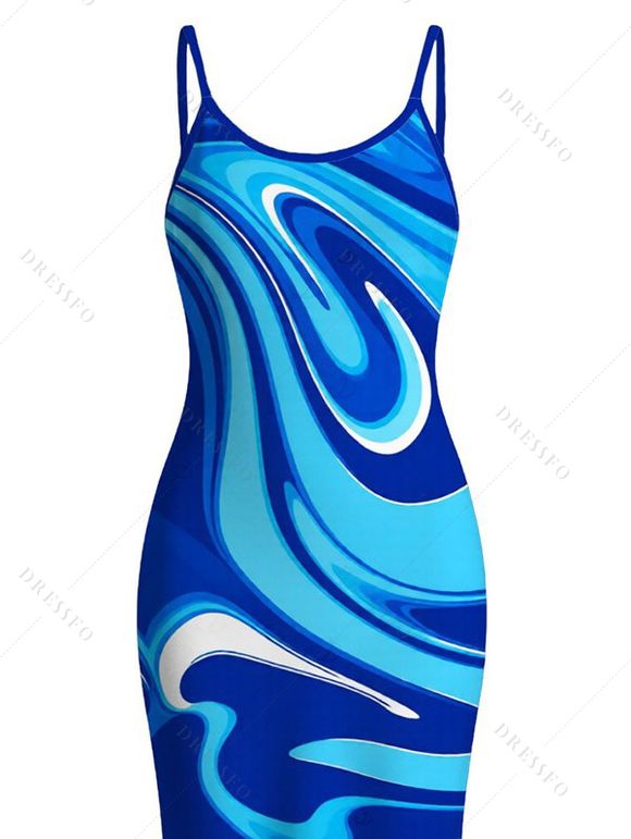 Vacation Dress Gradient Marbled Liquid Swirl Texture Pattern Spaghetti Strap Maxi Bodycon Dress - Bleu XXL | US 14